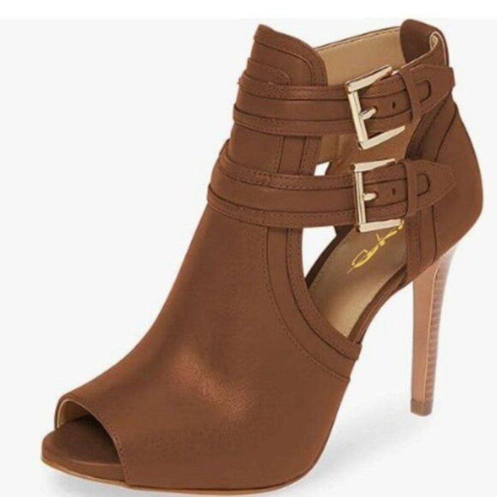 XYD Women Peep Toe Ankle Bootie High Heels Buckled Double Straps Cutout  Brown